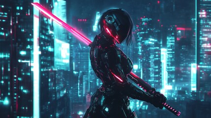 Cyberpunk warrior with glowing katana in neon city