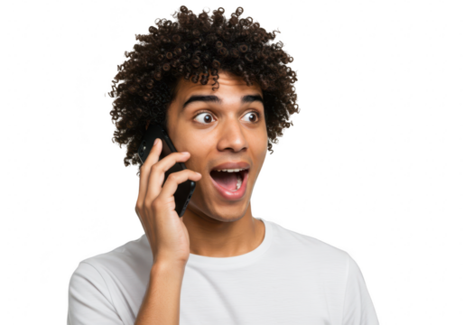 A young man with curly black hair looks surprised while talking on his cellphone, isolated on transparent background - Powered by Adobe