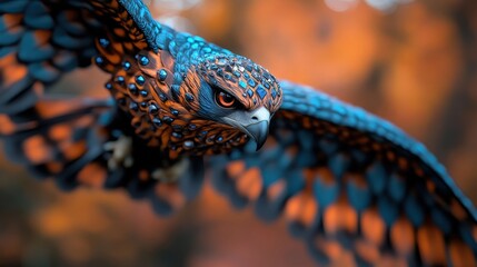 An exquisite fantasy hawk showcases detailed patterns and bright colors in its feathers, symbolizing creativity and artistry, with an artistic style that encapsulates the beauty of nature paired with