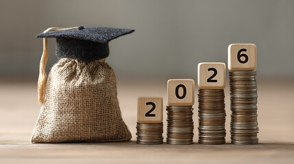 Education Savings Graduation Cap on Money Bag with 2026 Goal in Coins