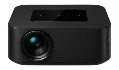 Wireless projector with a sleek, all-black exterior and touch-sensitive controls for boardroom presentations