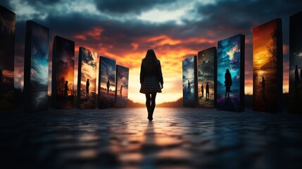A mesmerizing scene where a woman walks towards a vibrant sunset, surrounded by floating panels displaying various stunning landscapes. The ethereal quality of this dreamlike environment sparks refle