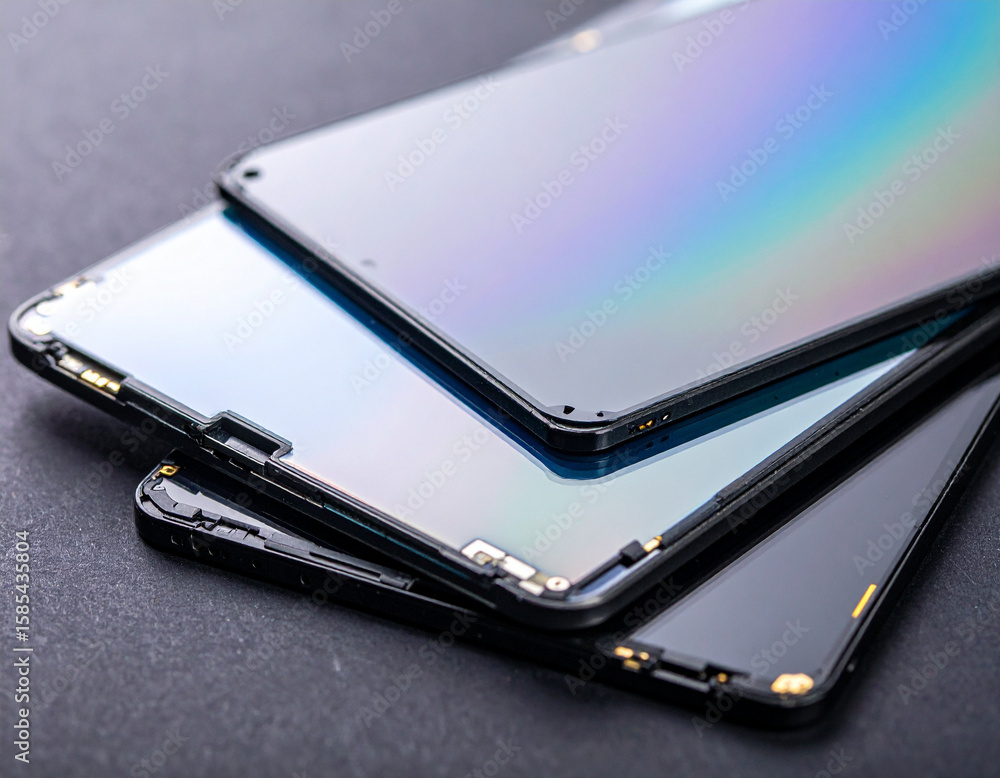 Poster close-up of three smartphone screens that have been taken apart, showing the delicate components and