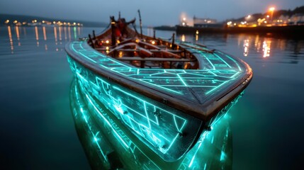 The image captures an intricately designed boat with luminous features, gently gliding across calm waters under a soft night sky. Its ethereal glow reflects beautifully on the surface, enhancing the 