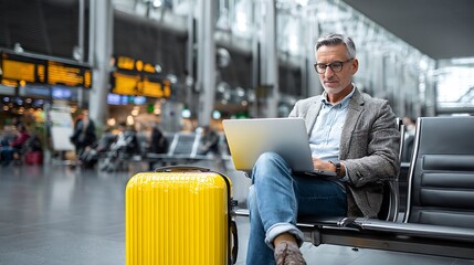 Man Using Laptop While Waiting at Airport with Luggage