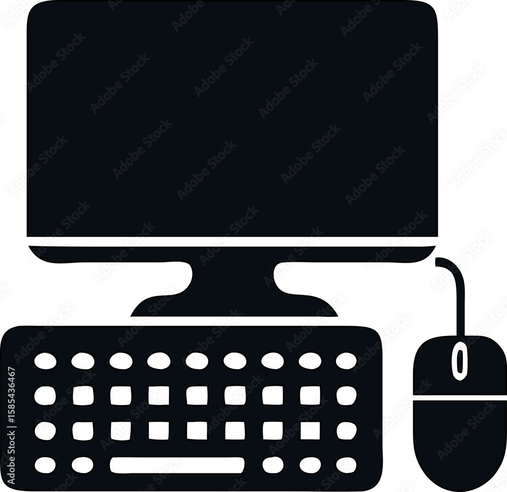 Poster silhouette illustration of pc computer with monitor and keyboard.