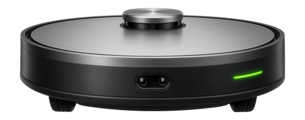 Slim robotic vacuum with a brushed metal top and edge-detection sensors