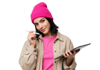 A young woman in a pink beanie and beige jacket holds a tablet and stylus, smiling confidently, isolated on transparent background