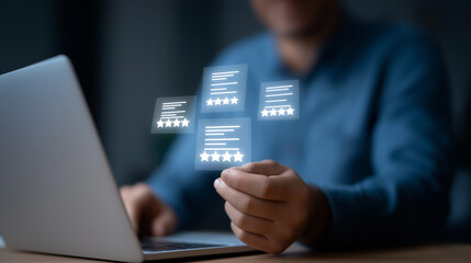 E-learning badge and certification documents around a laptop