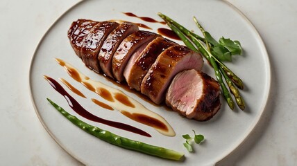 Sliced Pork Tenderloin with Asparagus and Sauces on a Plate