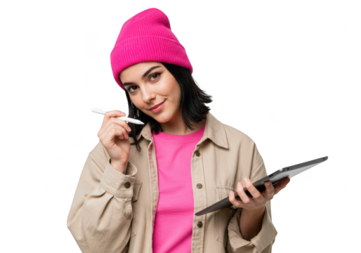 A young woman in a pink beanie and beige jacket holds a tablet and stylus, smiling confidently, isolated on transparent background
