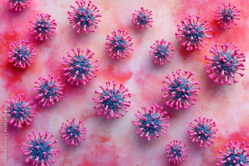 Poster rendering of coronavirus particles with colorful background representing pandemic challenges