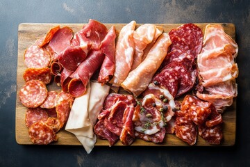 Delicious variety of assorted deli meats on a wooden board ready for serving