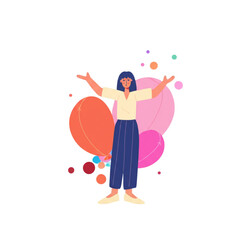 Happy woman standing with arms open surrounded by colorful balloons &ndash; flat cartoon vector illustration