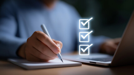 Fototapeta premium Digital checklist hologram with stylus on notebook and laptop