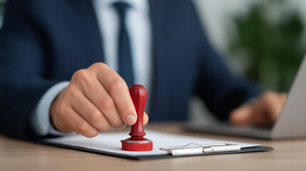 Businessperson Approving Document with Red Stamp at Office Desk