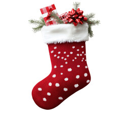 red christmas stocking with gifts and fir branches