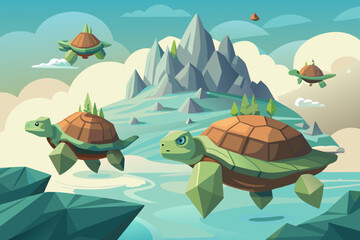Fototapeta premium Stone Turtles Carrying Miniature Mountains Floating in Space