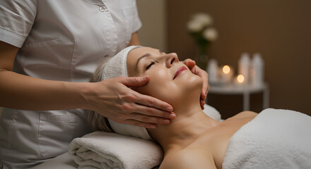Relaxing facial massage performed in spa setting. Elderly woman enjoys skin care therapy, combining dermatology and beauty procedures for healthy skin. Anti-aging massage for senior woman face