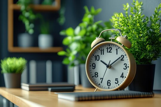 Modern workspace featuring classic alarm clock with greenery accents near desk area