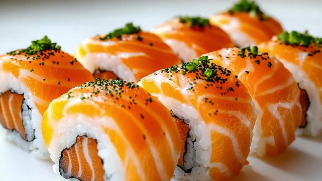 Row of sushi rolls with a lot of green stuff on top. The rolls are orange and white