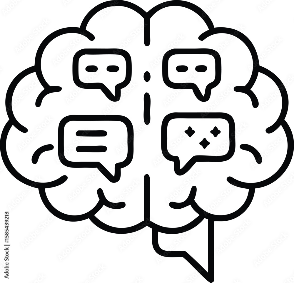 Poster brain with speech bubbles icon in line art style for creative projects