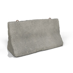 A light-grey concrete traffic barrier, trapezoidal in shape, shows slight texture and two small,...