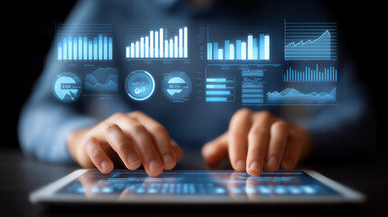 Hands on Laptop and Tablet Surrounded by Analytics Dashboards