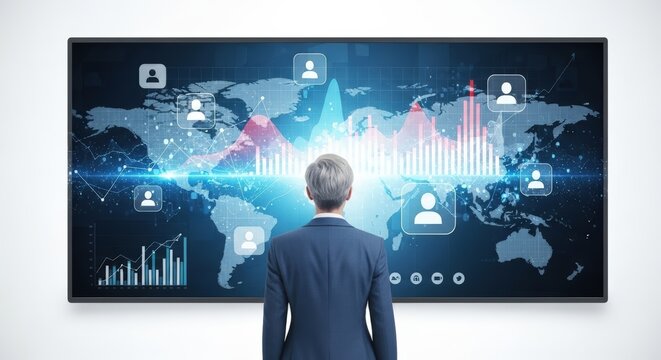 Businessman Analyzing Global Business Data and Network Connections on Digital Screen
