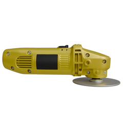 A mustard-yellow handheld angle grinder with a circular abrasive disc, featuring a side switch,...
