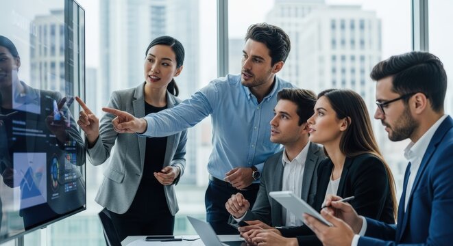 Diverse Business Team Collaborating on Digital Screen in Modern Office Meeting
