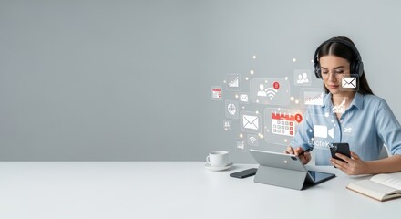 Modern Business Communication: Professional Woman Using Digital Tools and Virtual Interface for Remote Work