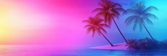 Naklejka premium Vibrant tropical landscape featuring palm trees and a gradient of purple colors over calm waters