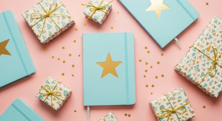 Festive flat lay with blue notebooks, gifts, and gold stars