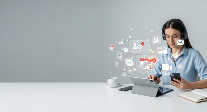 Modern Business Communication: Professional Woman Using Digital Tools and Virtual Interface for Remote Work