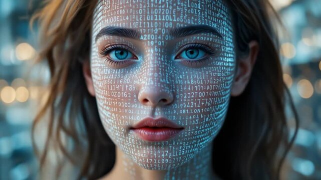 Human-computer interaction concept - HCI. A person with binary code projected onto their face, an intimate interaction between humans and digital technology in the digital world. 4k video