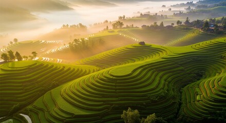 Terraced Rice Fields at Sunrise, Golden Mist and Green Curves