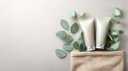 Cosmetic bottles with eucalyptus flowers towels and linen on pastel background top view flat lay natural organic skincare and spa concept perfect for beauty product branding body care wellness design