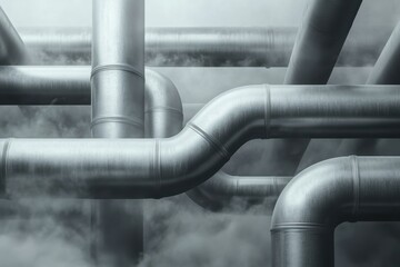 Naklejka premium Graphic layouts showcasing industrial steel piping in a foggy environment