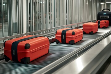 Luggage moving on conveyor belt at a modern airport luggage claim area