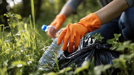Volunteer Picking Up Litter in Grass with Orange Gloves Placing Bottle in Bag