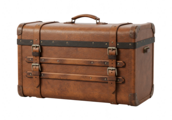 A vintage brown leather suitcase with multiple straps and buckles, isolated on a transparent background