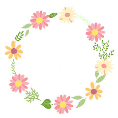 Fototapeta premium Vector illustration of a floral wreath with colorful flowers and green leaves. Botanical frame design for spring and summer greeting card.