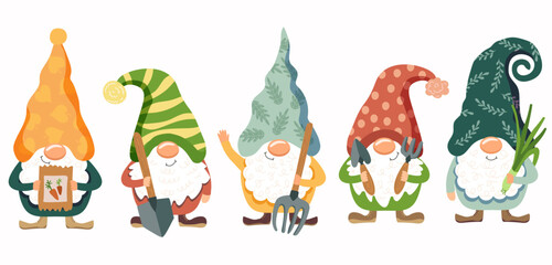 Fototapeta premium Hand drawn vector spring garden gnomes clipart set. Collection of five cartoon dwarfs characters with boots, lantern, flower pot and ladybug isolated on white background for seasonal decoration 