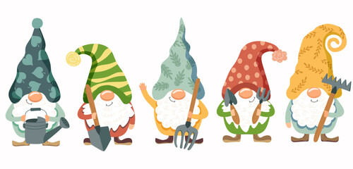 Five garden gnomes with tools. Cute little fairytale characters with beards and pointy hats. Sweet illustrations for spring, summer.