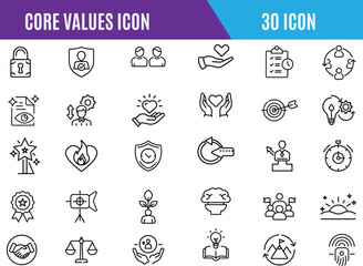 Core value icon banner collection. Inspiring vector web line icons depicting core values, commitment, quality, teamwork, focus, honesty icon. Vector