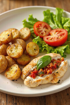 Enjoy a Wholesome Stuffed Chicken Meal: Tender Chicken Breast Filled with Savory Stuffing, Served with Golden Roasted Potatoes and a Crisp Garden Salad for a Delicious and Balanced Dinner.

