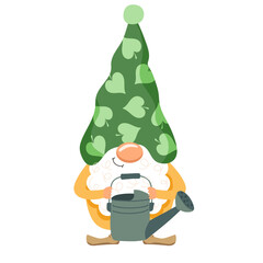 Cute garden gnome with a green hat  holding a watering can. Flat cartoon style illustration for spring.