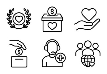 Nonprofit Health Icons. Outline vector icons of nonprofit health programs: NGO logo, charity box, aid hand,