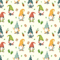 Cute garden gnome pattern. Elf characters with gardening tools. Illustration on light background for fabric, wallpaper, card design.